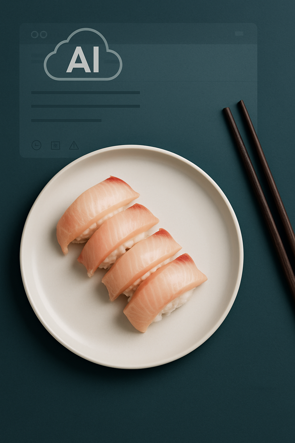Hamachi sashimi next to a laptop &mdash; representing AI-powered business communication.